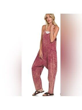 Zenana Acid Wash Cotton Jumpsuit S/M Cranberry Pockets Overalls Romper Boho